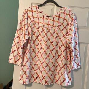 J. McLaughlin Vibrant Orange and Pink Bamboo Pattern Top